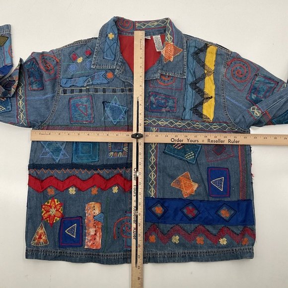 Vintage Chico's Denim Jacket Womens 2 Silk Patxhwork Designs Womens L/12 - Picture 4 of 14